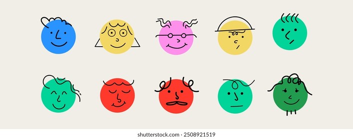 Round abstract comic Faces with various Emotions. Doodle drawing style. Different colorful characters. Cartoon style. Flat design. Hand drawn trendy Vector illustration.