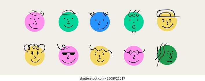 Round abstract comic Faces with various Emotions. Doodle drawing style. Different colorful characters. Cartoon style. Flat design. Hand drawn trendy Vector illustration.