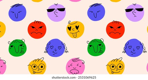 Rodada abstrata quadrinhos Faces com várias emoções. Estilo de desenho infantil. Diferentes caracteres coloridos. Estilo de desenho animado. Design plano. Desenhado à mão na moda ilustração Vetor. Padrão quadrado sem emenda