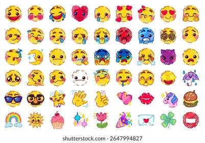 Round abstract comic Faces with various Emotions. Crayon drawing style. Different colorful characters. Cartoon style. Flat design. Hand drawn trendy Vector illustration 10 eps.