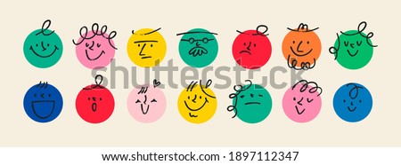 Round abstract comic Faces with various Emotions. Crayon drawing style. Different colorful characters. Cartoon style. Flat design. Hand drawn trendy Vector illustration. 商業照片 © 
