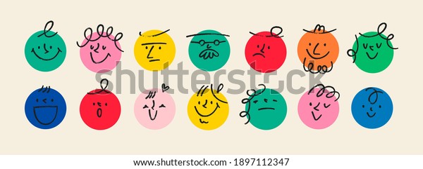 Round abstract comic\
Faces with various Emotions. Crayon drawing style. Different\
colorful characters. Cartoon style. Flat design. Hand drawn trendy\
Vector illustration.