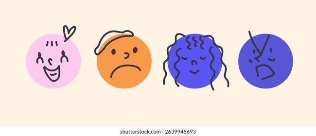 Round abstract comics with different emotions. Different colorful characters. Cartoon style. Flat design. Set of vector emoticons. Joy, anger, calm, sadness.