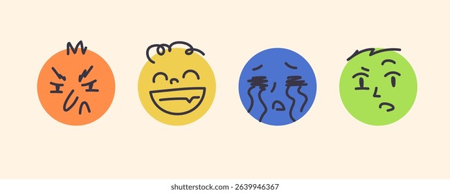 Round abstract comics with different emotions. Different colorful characters. Cartoon style. Flat design. Set of vector emoticons. Gloom, smile, cry, unclear