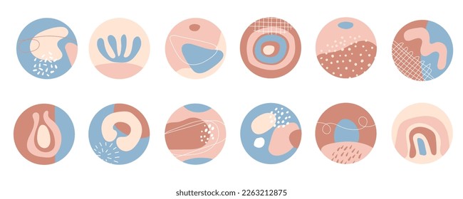 Rund abstrakte Cover für die Hervorhebung. Das Design für den Blog enthält natürliche Formen, organische Flecken, Linien, Punkte. Pastelltöne. Handgezeichnete Vorlagen. Set von runden Symbolen für soziale Netzwerke. Vektorgrafik.