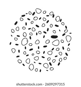 A round abstract design in vector form, filled with chaotic strokes and scribbles, resembling spontaneous creativity locked inside a circle.

