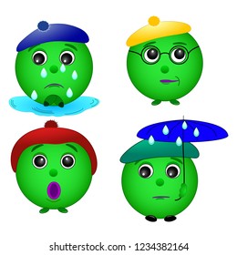Round abstract emoticons, a set of emotions surprise, smartass, crying . in the rain with an umbrella. various colorful characters. Cartoon style.  a fashionable set of emotions . Vector