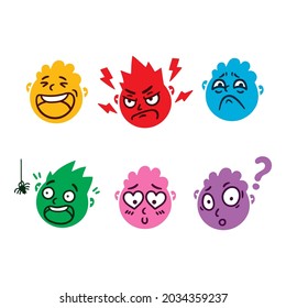 Round abstract face with different emotions. Happy, angry, questioning, scared, sorrow, falling in love emoji avatar. Cartoon style. Flat design vector illustration.