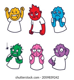 Runde abstraktes Gesicht mit verschiedenen Emotionen. Fröhlich, wütend, verhört, verängstigt, traurig, verliebt in Emoji Avatar. Cartoon-Stil. Flaches design, Vektorgrafik.