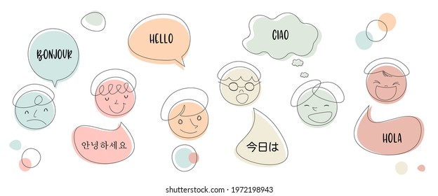 Round abstract face drawings with various emotions and hello bubbles in different languages. Different colorful characters. Flat design. Hand drawn trendy Vector illustration