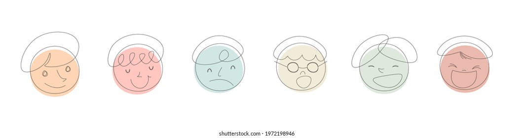 Round abstract face drawings with various Emotions.  Different colorful characters. Cartoon style. Flat design. Hand drawn trendy Vector illustration
