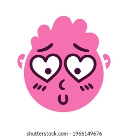 Round abstract face with falling in love emotions. Embarrassed emoji avatar. Portrait of a confused man. Cartoon style. Flat design vector illustration.