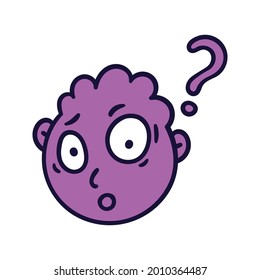 Runde abstraktes Gesicht mit hinterfragenden Emotionen. Überraschender Emoji-Avatar. Porträt eines offenen Mannes. Cartoon-Stil. Flaches design, Vektorgrafik.