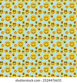 Rostros abstractos redondos con diferentes emociones. Fondo sin fisuras con varios personajes coloridos. estilo de dibujos animados. diseño plano. Conjunto de emoticonos de Vector para impresión, papel, tela.