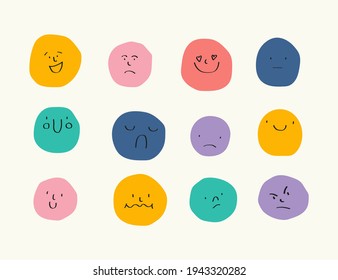 Round abstract Faces with various Emotions. Drawing style. Different colorful characters. Cartoon style. Flat design. Hand drawn trendy Vector illustration. Every face is isolated - Shutterstock ID 1943320282