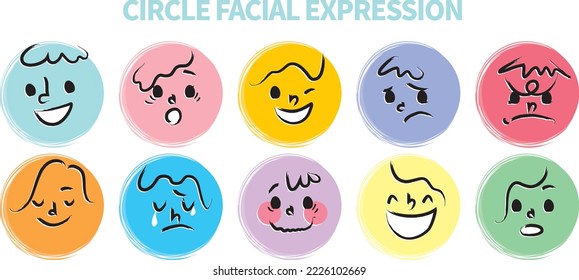 Round abstract faces with various emotions set. Crayon drawing style emoticons collection. Different colored avatar. flat design, hand drawn fashion vector illustration emotional.