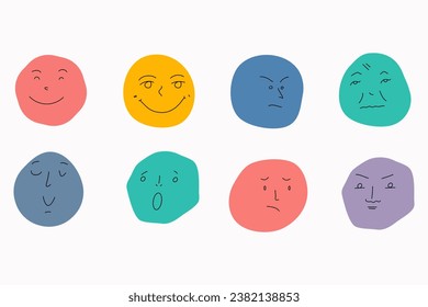 round abstract Faces with various Emotions. Different colorful characters. 