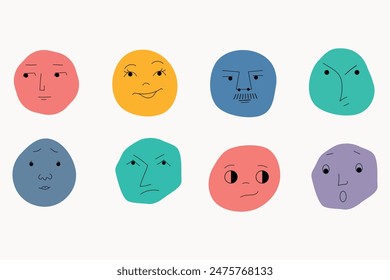 round abstract Faces with various Emotions. Different colorful characters. Flat design.