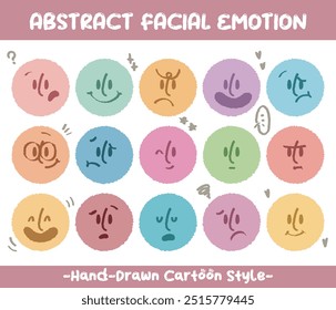 Round abstract faces with various emotions set. Crayon drawing style emoticons collection. Different colored avatar. flat design, hand drawn fashion vector illustration emotional.