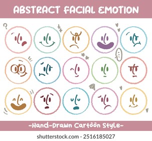 Round abstract faces with various emotions set. Crayon drawing style emoticons collection. Different colored avatar. flat design, hand drawn fashion vector illustration emotional.
