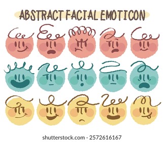 Round abstract faces with various emotions set. Crayon drawing style emoticons collection. Different colored avatar. flat design, hand drawn fashion vector illustration emotional.