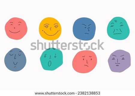 round abstract Faces with various Emotions. Different colorful characters. 
