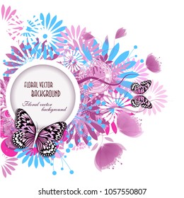 Round abstract floral frame with butterflies. Vector