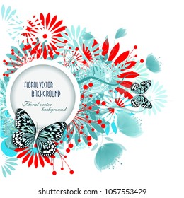Round abstract floral frame with butterflies. Vector