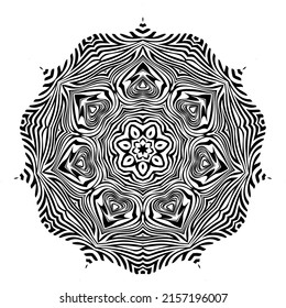 Round abstract floral pattern made in several lines. An optical illusion. Zebra pattern. Mandala. Vector illustration in black, highlighted on a white background. The author's drawing.