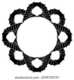 Round abstract frame with bat wings. Halloween design. Black and white silhouette.
