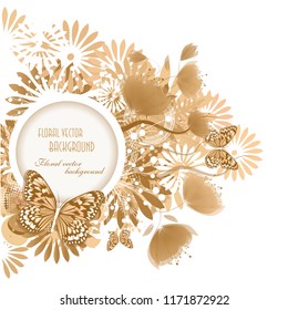 Round abstract frame with beige flowers and butterflies