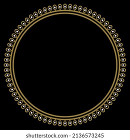 Round abstract frame. Jewelry necklace design. Golden glossy silhouette with white pearl beads on black background.