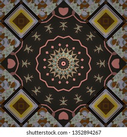 Round abstract geometric kaleidoscopic mandala design in gray, brown and beige colors. Vector seamless pattern art with colored mandalas.