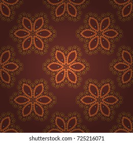 Round abstract geometric kaleidoscopic mandala design in brown, yellow and orange colors. Vector seamless pattern art with colored mandalas.