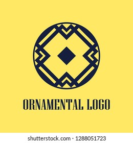Round abstract geometric logo template design in art deco vintage style. Vector illustration.