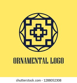 Round abstract geometric logo template design in art deco vintage style. Vector illustration.