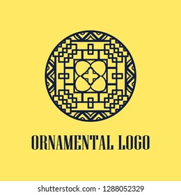 Round abstract geometric logo template design in art deco vintage style. Vector illustration.