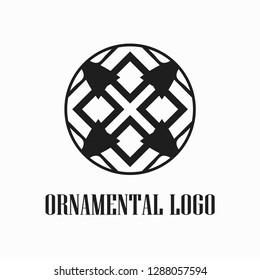Round abstract geometric logo template design in art deco vintage style. Vector illustration.
