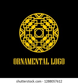 Round abstract geometric logo template design in art deco vintage style. Vector illustration.