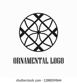 Round abstract geometric logo template design in art deco vintage style. Vector illustration.