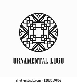 Round abstract geometric logo template design in art deco vintage style. Vector illustration.