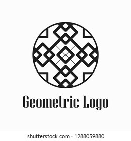 Round abstract geometric logo template design in art deco vintage style. Vector illustration.