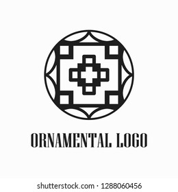 Round abstract geometric logo template design in art deco vintage style. Vector illustration.