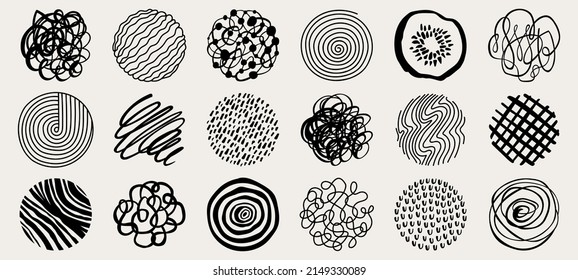 Round abstract hand drawn shapes set. Doodle backgrounds, modern trendy elements for poster, social media, print or icon design. Vector illustration.