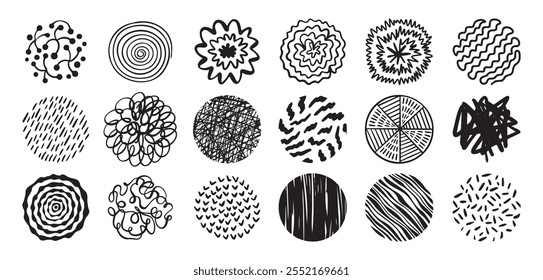 Formas dibujadas a mano abstractas redondas con el sistema del patrón. Doodle elemento, modernos círculos de moda para cartel, redes sociales, impresión. Ilustración vectorial