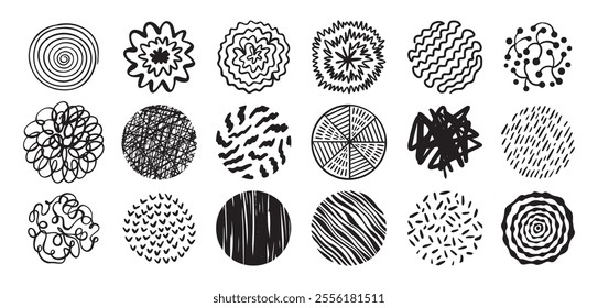 Round abstract hand drawn shapes with pattern set. Doodle element, modern trendy circles for poster, social media, print. Vector illustration
