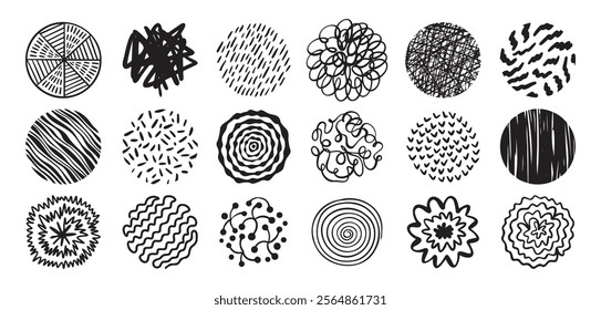 Round abstract hand drawn shapes with pattern set. Doodle element, modern trendy circles for poster, social media, print. Vector illustration