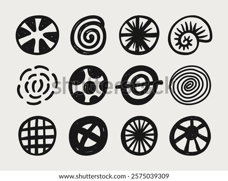 Round abstract hand-drawn shapes set. Doodle backgrounds, modern trendy elements for poster, social media, print or icon design. Vector illustration.