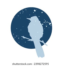 Round abstract icon of a bird on a branch and falling snow. Vector graphics.