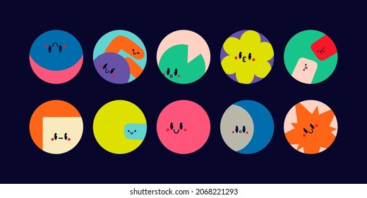 Round abstract Icons. Funny comic Faces with various Emotions in circles. Various abstract creatures. Different colorful characters. Cartoon style. Flat design. Hand drawn modern Vector illustration